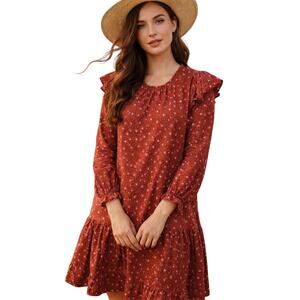 Ann Taylor Romantic Red Floral Long Sleeve Ruffle Trim Shift Dress XXS